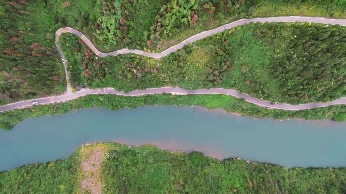 航拍盘山公路，森林公路沿途风光风景美景