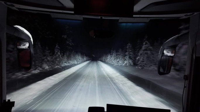 冬天，在黑暗的森林里，一辆公共汽车行驶的路景