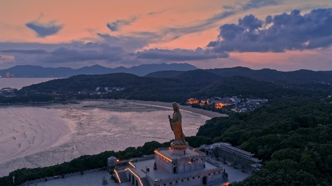 南海观音寺院寺庙普陀山菩萨航拍日出日落