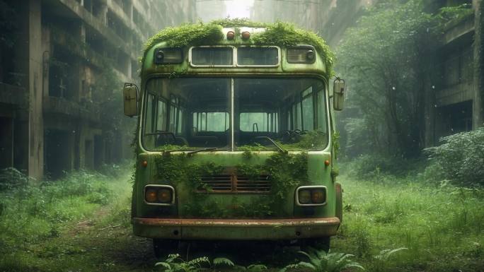 4K唯美绿色生态废弃废墟客车背景