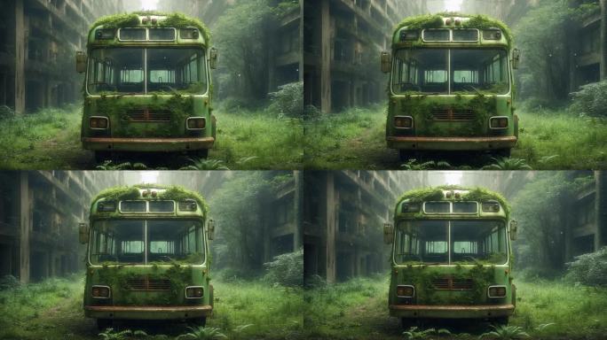 4K唯美绿色生态废弃废墟客车背景