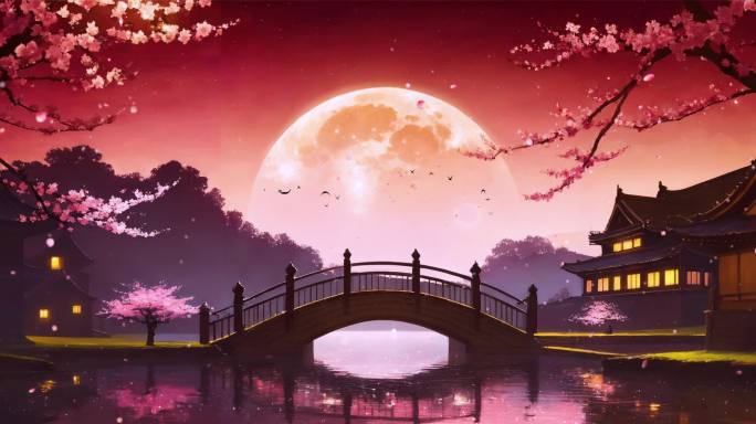 小桥流水江南月夜场景
