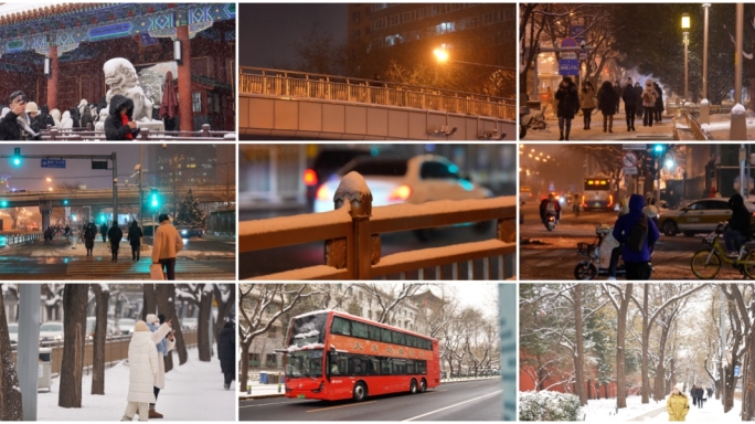 第一场雪城市下雪冬日雪景雪花飘落