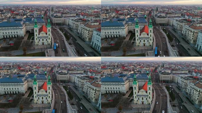 高角度无人机镜头的教区教堂在布达佩斯城市景观在匈牙利