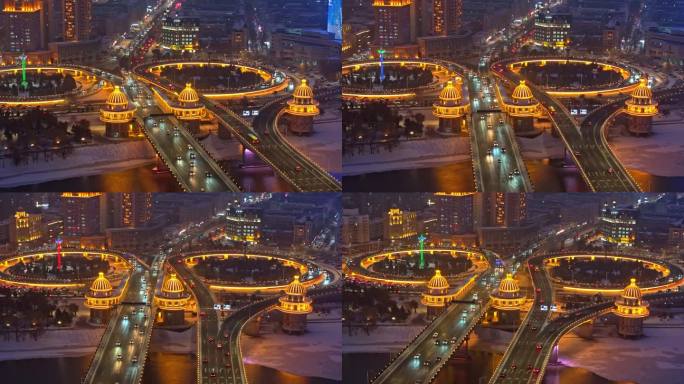 中国黑龙江哈尔滨城市夜晚雪景航拍