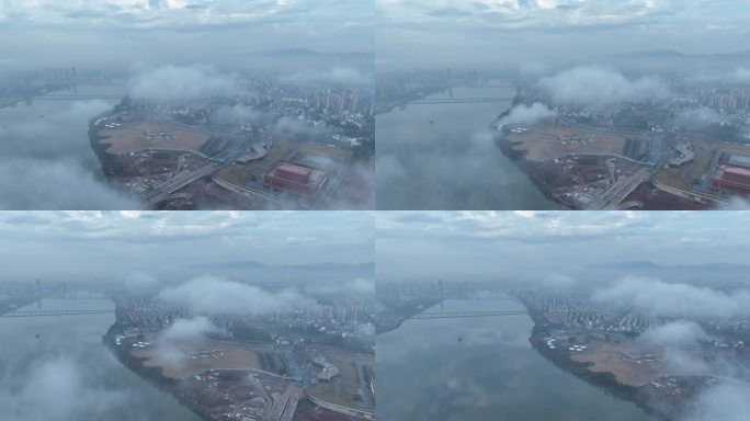 航拍于都城区晨雾云海