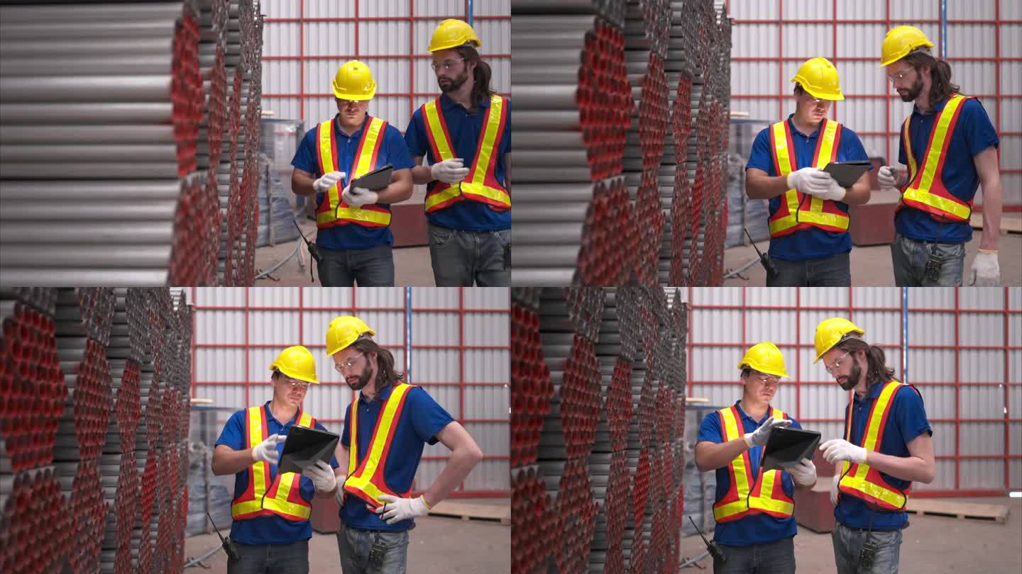 戴着安全帽和安全帽的仓库工人站在仓库里清点和检查仓库里的钢材。