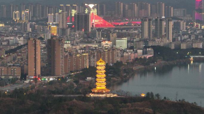 航拍于都重光宝塔傍晚夜景