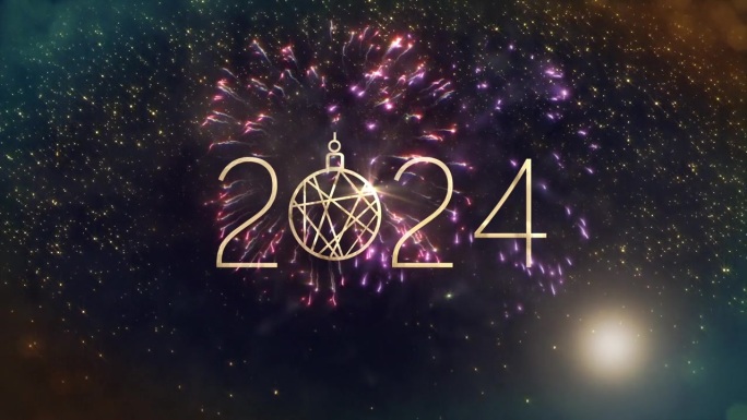 2024新年快乐金色文字与下降辉光雪花和耀光烟花电影标题背景。新年快乐2024冬光。节日背景概念。