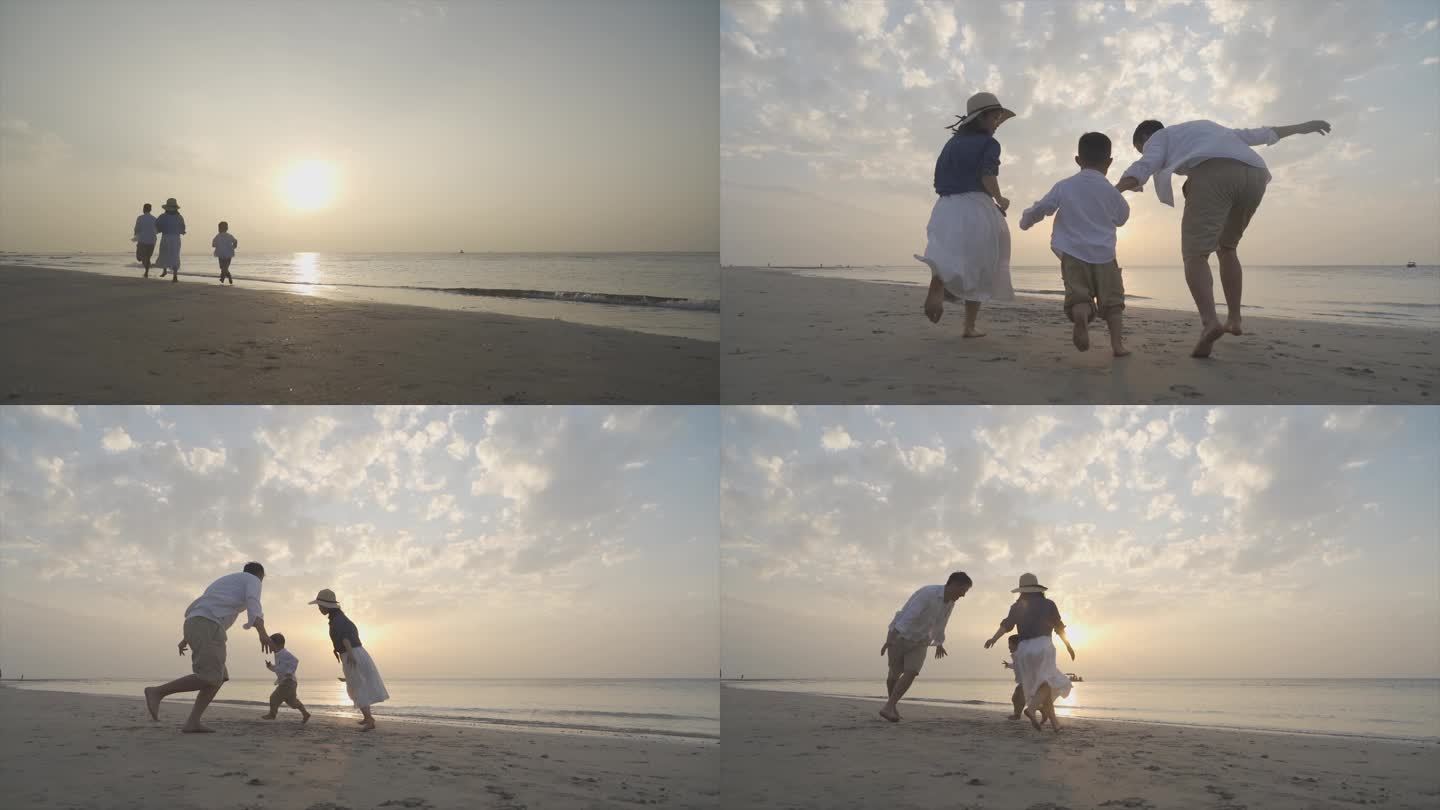 一家三口沙滩奔跑幸福生活亲子户外陪伴孩子