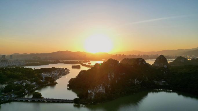 航拍肇庆七星岩景区日落夕阳