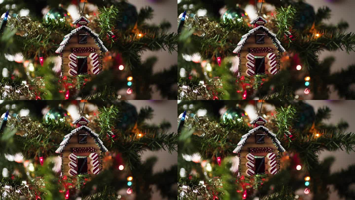 圣诞树装饰:雪谷仓。微距，静态，机架对焦