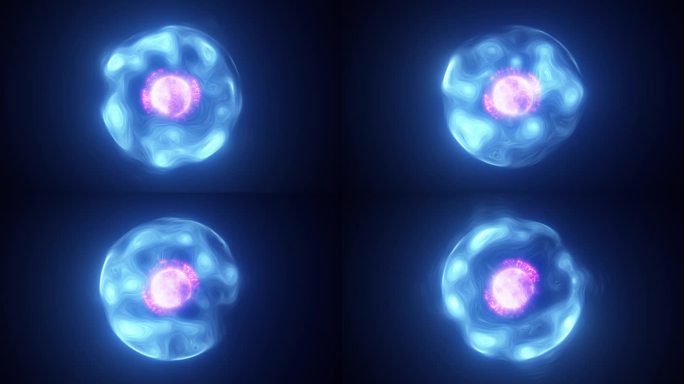 摘要蓝紫色能量发光数字球原子由移动的电等离子体液体的虹彩能量在黑色背景