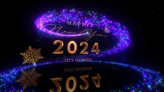 金文2024新年快乐，让我们用美丽的辉光紫色闪闪发光的神奇粒子动画电影标题背景来庆祝。新年快乐开场动