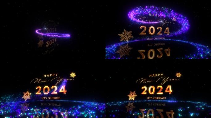 金文2024新年快乐，让我们用美丽的辉光紫色闪闪发光的神奇粒子动画电影标题背景来庆祝。新年快乐开场动