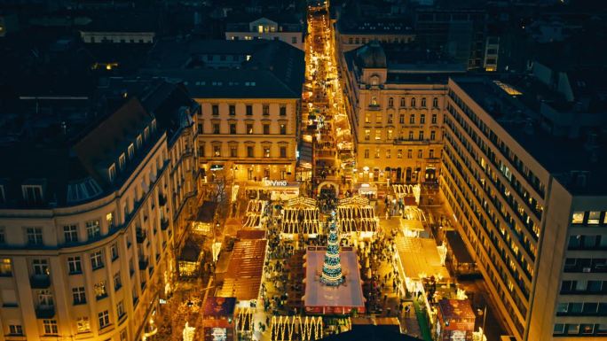 匈牙利布达佩斯，人们在夜景中的圣诞灯饰市场