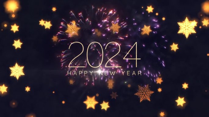 2024新年快乐金色的文字闪耀着金色雪花颗粒和烟花梦幻般的电影标题在黑色抽象的背景。