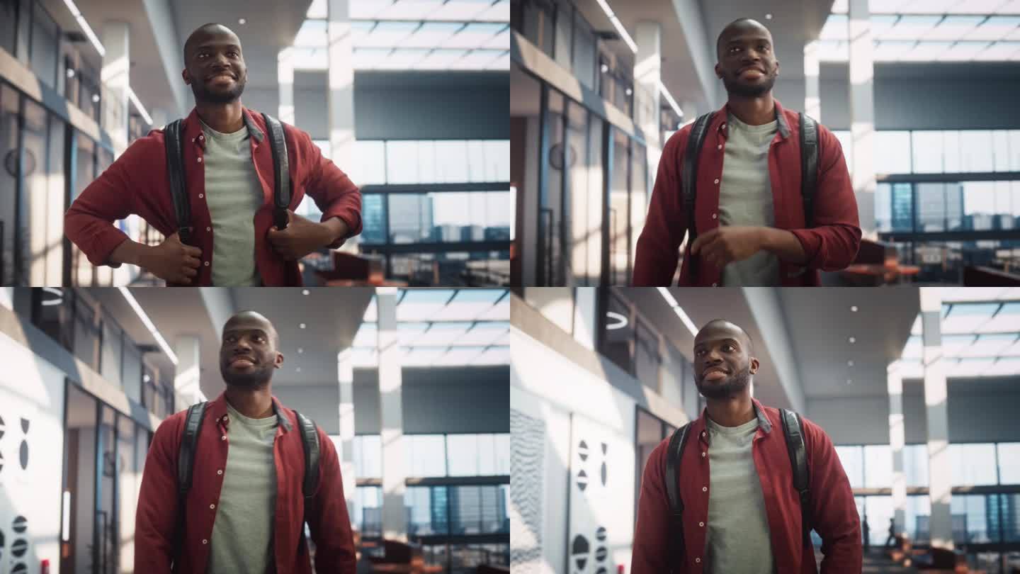 一个年轻迷人的黑人男性背着双肩包走在图书馆或大学大楼里的肖像。非洲人走在大学，办公楼，购物中心，环顾