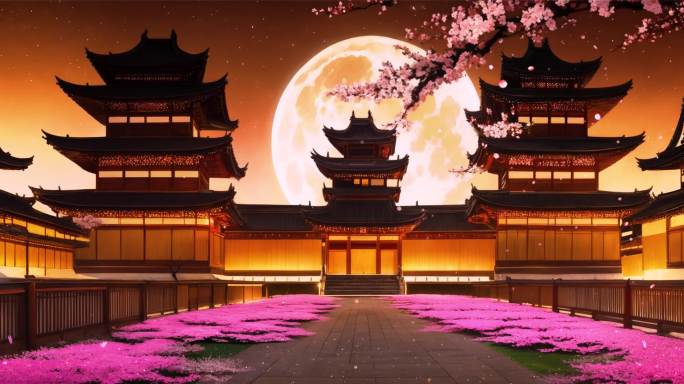 古代庭院夜色樱花场景