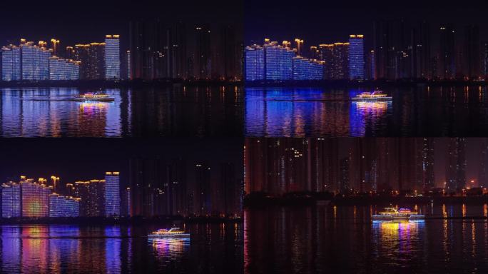 湘江江面上游艇航行夜景美好生活