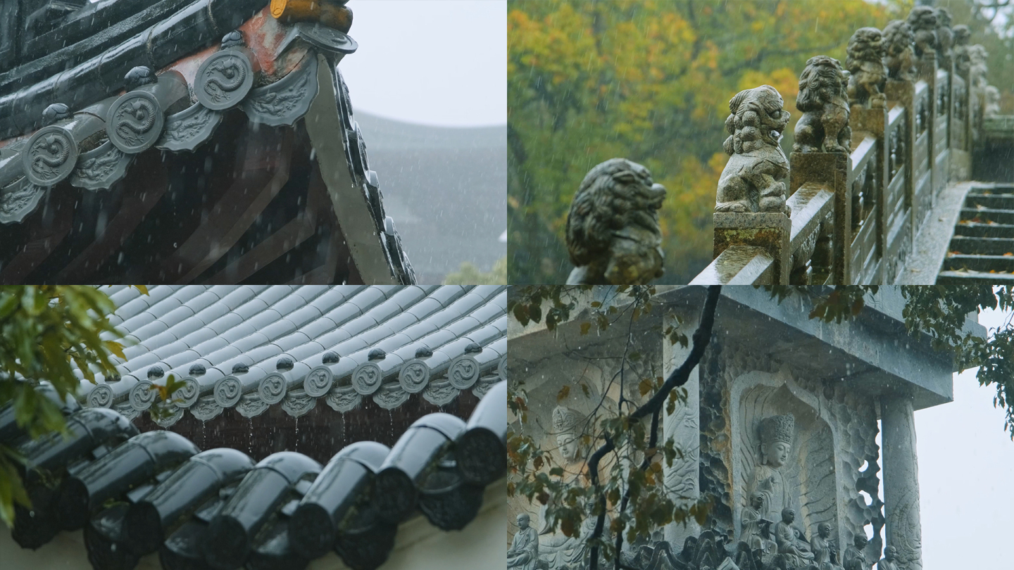 寺院寺庙古建筑雨天下雨普陀山屋檐石狮子