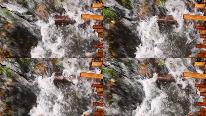气势磅礴的瀑布特写，水色浑浊。瀑布穿过竹林。