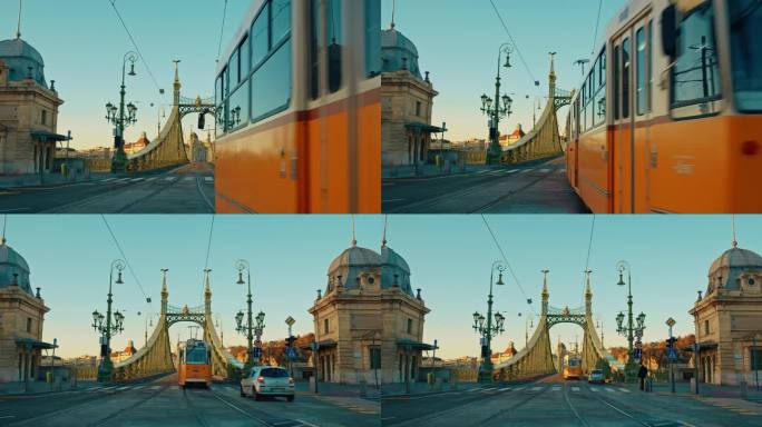 手持拍摄的有轨电车在自由桥上对蓝天在布达佩斯，匈牙利