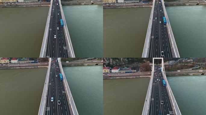 无人机拍摄的车辆行驶在匈牙利多瑙河上的伊丽莎白桥上