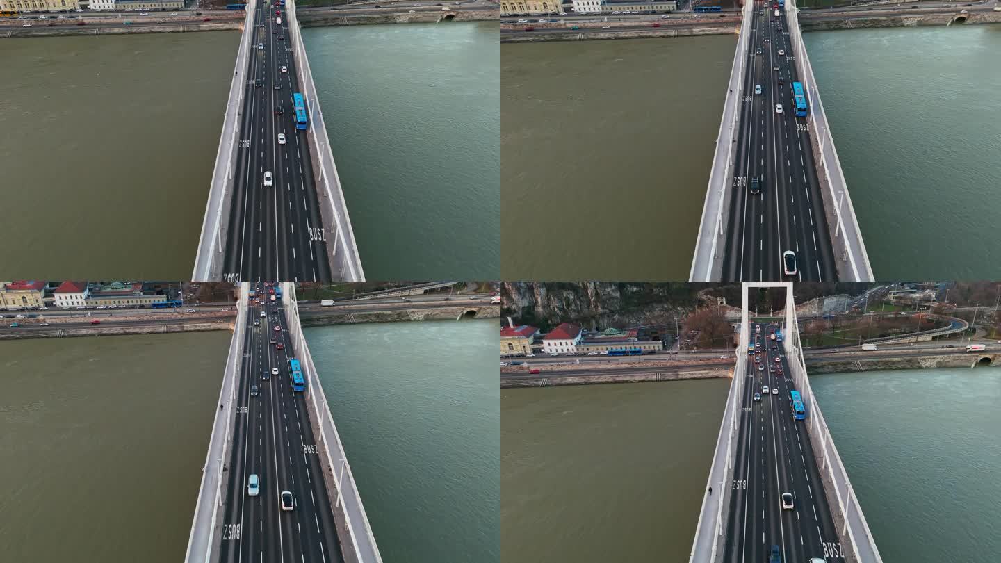 无人机拍摄的车辆行驶在匈牙利多瑙河上的伊丽莎白桥上