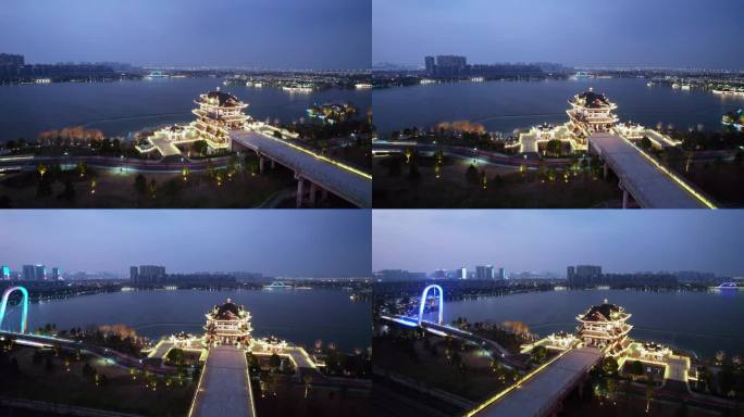 浙江绍兴迪荡湖和莲花阁航拍城市天际线夜景