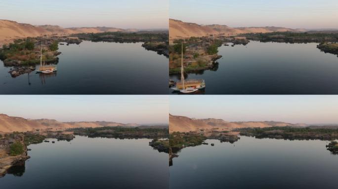 罕见的无人机飞越尼罗河和阿斯旺的岛屿，埃及