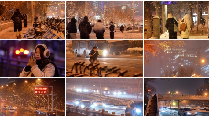 城市行人车流雪夜空镜寒冷的冬季