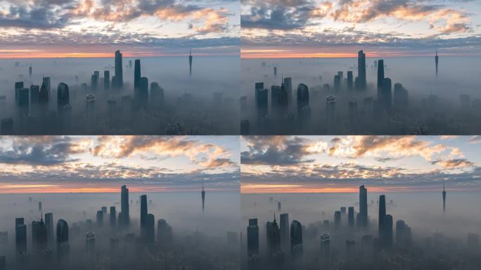 航拍早晨云雾日出天际线与珠江新城、广州塔