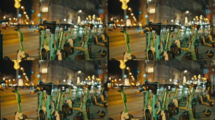 手持拍摄的出租电动滑板车停在人行道上在布达佩斯城市在匈牙利的夜晚