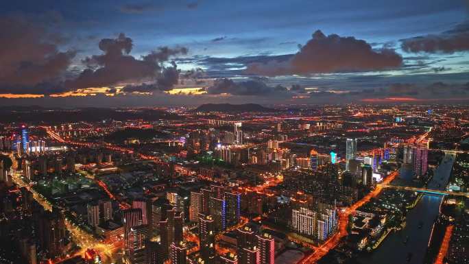 苏州新区狮山京杭大运河城市夜景航拍