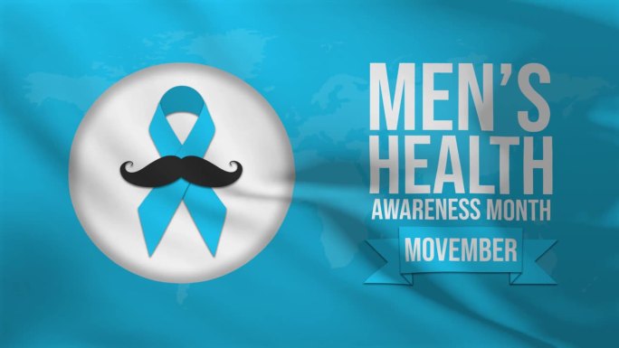 男性健康意识观念。八字胡十一月4k挥舞动画。前列腺癌意识丝带背景