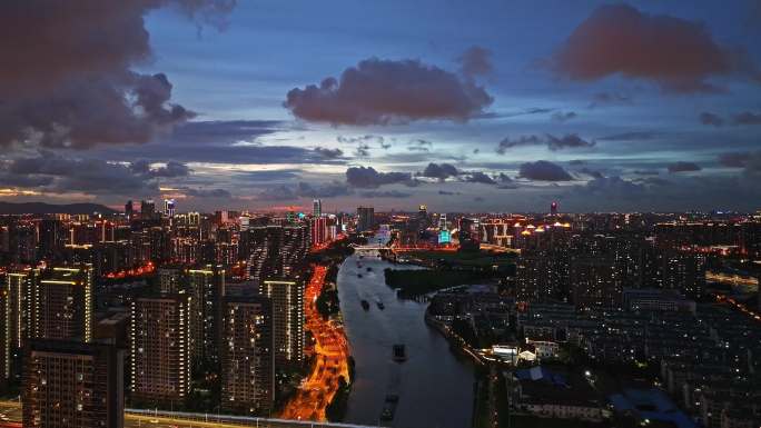 苏州新区狮山京杭大运河城市夜景航拍