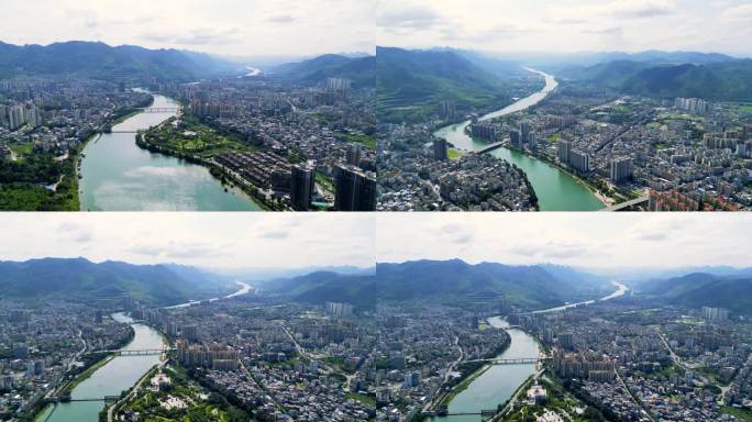 绿色江河从清远市区穿过，广东阳山城市风景