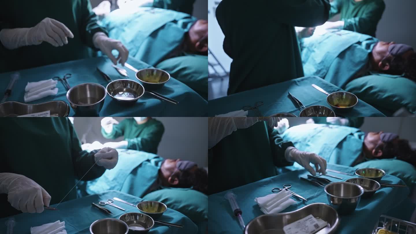 图为，在手术室里，一名护士在给一名被麻醉、蒙着眼睛躺在床上的病人做手术时，将手术工具递给外科医生，并