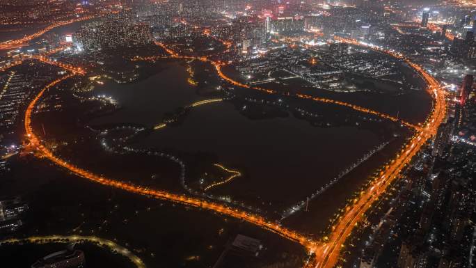 合肥翡翠湖心形路夜景航拍延时，日转夜4K