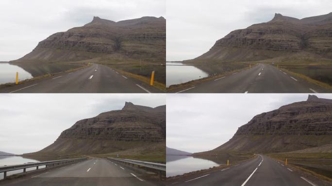 POV驾驶冰岛环城公路(1号公路)，在阴天欣赏令人惊叹的景观——冰岛