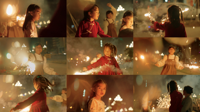 龙年春节小孩玩仙女棒放烟花