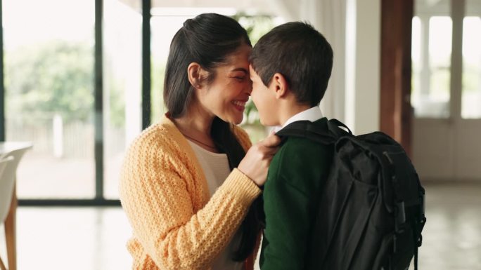 学校放假，妈妈带着孩子在家准备教育，童年发展和学习。爱、家人和妈妈拥抱着小男孩，迎接他的问候、告别和