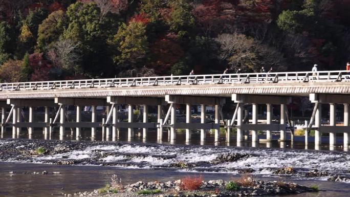 秋天，京都桂川河附近的通津桥长焦镜头