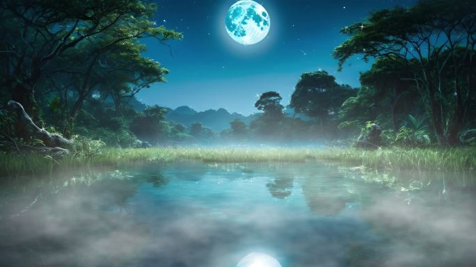 自然风景月光下倒影水面