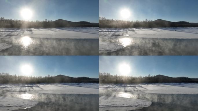 航拍林海雪原冰河冻雾阳光