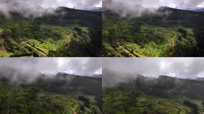 留尼旺岛上的平原从空中拍摄