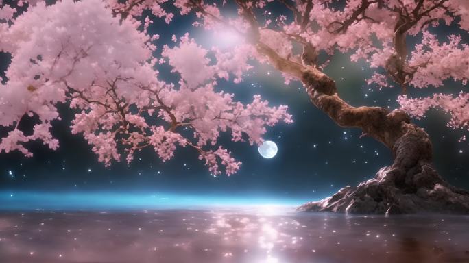 唯美 月光 桃树花瓣飘落唯美夜晚背景视频