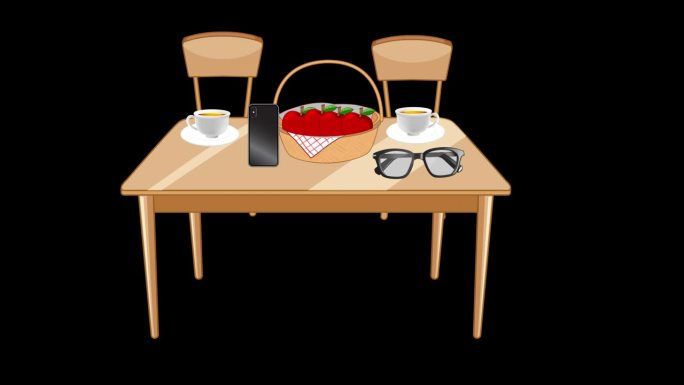 餐桌上美味的食物与椅子的概念动画与阿尔法频道。