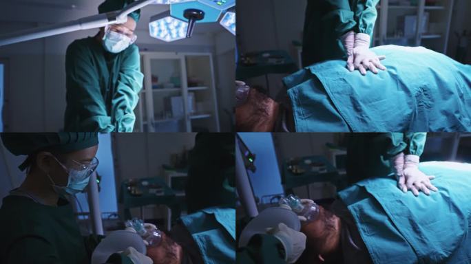 图为一名护士在手术室的病床上对一名无意识地躺在病床上的危重男性患者进行心肺复苏术的特写，而她的助手在